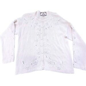 Vtg 90s Tiara International Sweater Large Beaded Floral Cardigan Grandmacore L